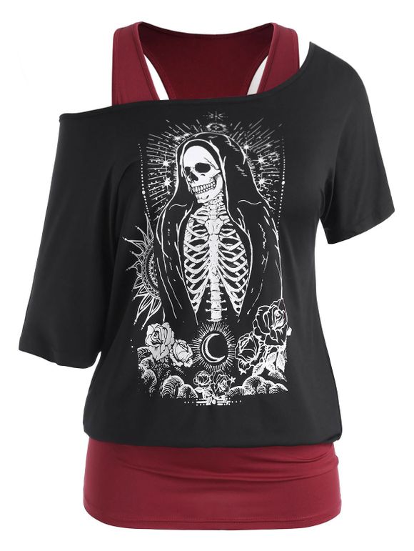 T-shirt d'Halloween Fleur Squelette à Manches Chauve-souris de Grande Taille - Noir 2X