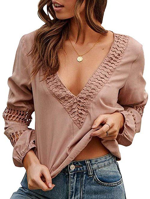 Crocheted Lace Panel Long Sleeve Blouse - LIGHT PINK M