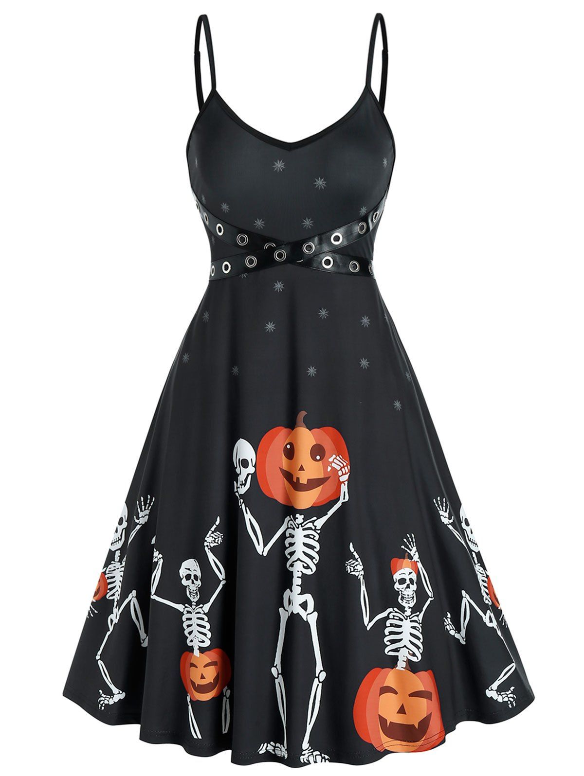 Halloween A Line Mini Dress Gothic Skeleton Pumpkin Pattern Grommet Cami Dress - BLACK XL