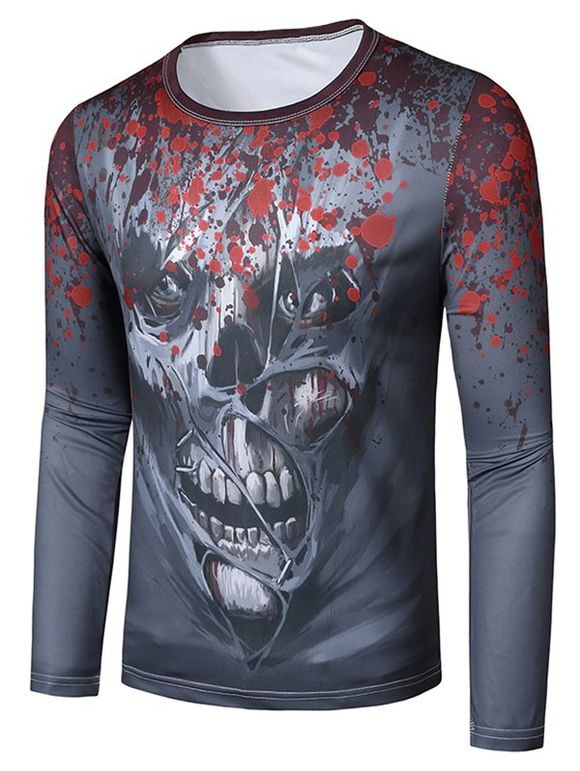 T-Shirt d'Halloween Maigre Ajusté Motif de Crâne Terrifiante - Gris 2XL