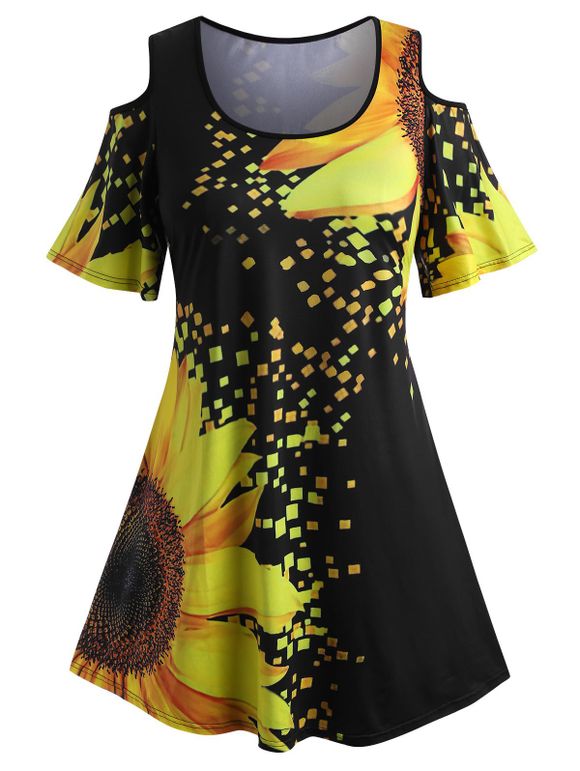 T-shirt Couleur Arc-en-ciel Papillon Imprimé Epaule Dénudée de Grande Taille - Jaune 1X