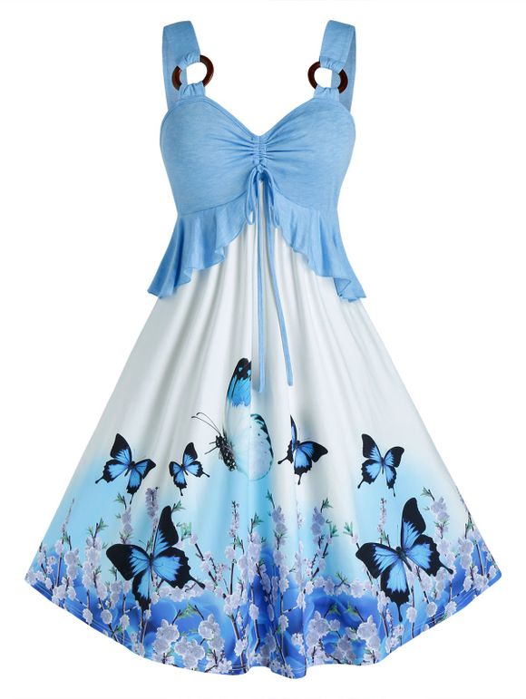 Robe Papillon Imprimé Anneau en O de Grande Taille à Volants - Bleu Ciel Léger 5X