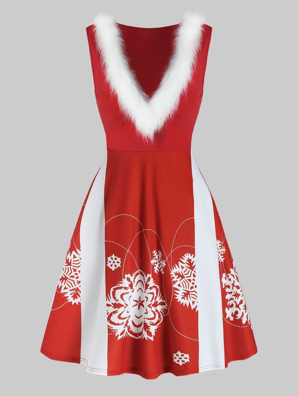 Robe de Noël à Imprimé Flocon de Neige en Fausse Fourrure sans Manches - Rouge XL