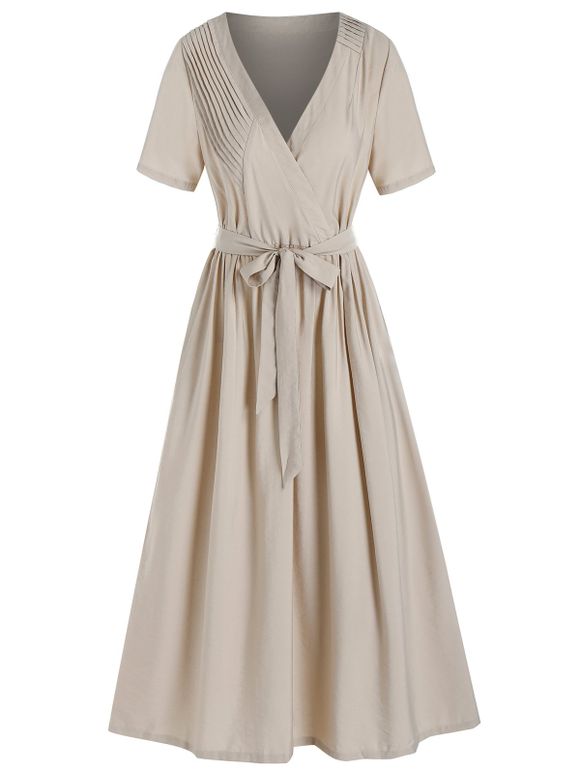 Pintuck Detail Belted Surplice Dress - LIGHT COFFEE XL