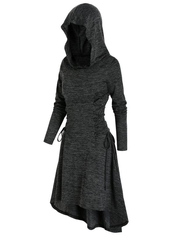 Robe à Capuche Haute Basse Teintée Imprimée à Lacets - Gris Carbone 3XL