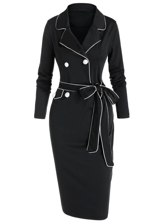 Robe Ajustée Ceinturée Contrastée Longueur à Genou - Noir 2XL