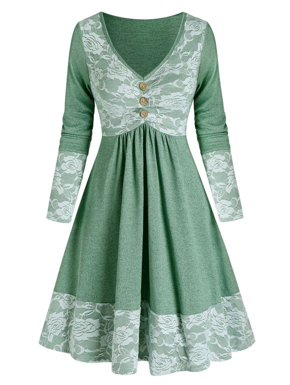 Mini Robe Evasée Vintage Fleur Panneau en Dentelle Boutonnée à Manches Longues - Vert Mer XL