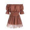 Bare Shoulder Ruffled Trim Skirted Blouse - COFFEE XL