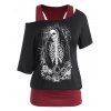 T-shirt d'Halloween Fleur Squelette à Manches Chauve-souris de Grande Taille - Noir 2X