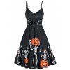 Halloween A Line Mini Dress Gothic Skeleton Pumpkin Pattern Grommet Cami Dress - BLACK XL