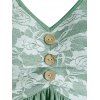 Vintage Flare Mini Dress Rose Flower Lace Panel Button Long Sleeve V Neck Dress - SEA GREEN M