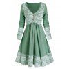 Vintage Flare Mini Dress Rose Flower Lace Panel Button Long Sleeve V Neck Dress - SEA GREEN 3XL