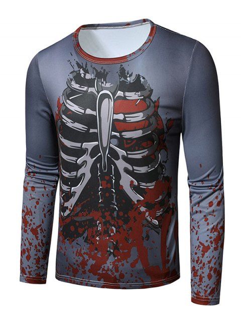T-shirt d'Halloween Maigre 3D Squelette Imprimé à Col Rond