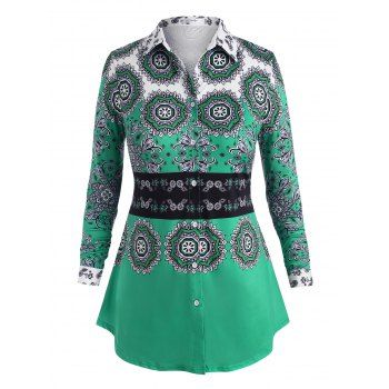 

Plus Size Tribal Print Button Up Shirt, Green