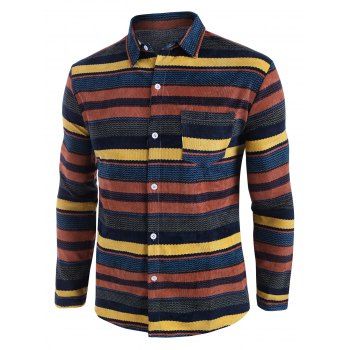 

Scalloped Striped Pocket Casual Corduroy Shirt, Multicolor