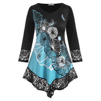 

Plus Size Floral Print Lace Insert Colorblock Tee, Black