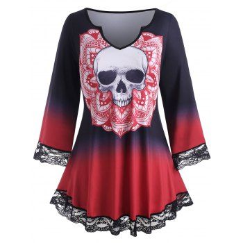 

Plus Size Halloween Skull Print Ombre Color Tee, Red