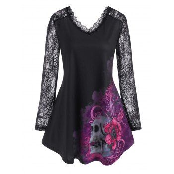 

Plus Size Halloween Lace Panel Skull Floral Print Long Sleeve Top, Black