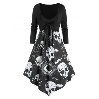 

Skull Starry Print Faux Twinset Empire Waist Asymmetrical Dress, Black