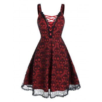 

Halloween Criss-cross Sleeveless Skull Lace Dress, Red