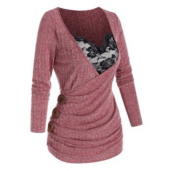 

2 in 1 Rose Lace Panel Mock Button Surplice Gathered Heathered T Shirt, Valentine red