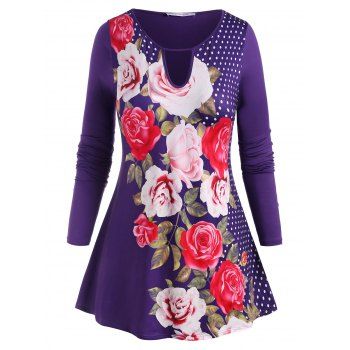 

Plus Size Keyhole Floral Print Dotted T Shirt, Purple