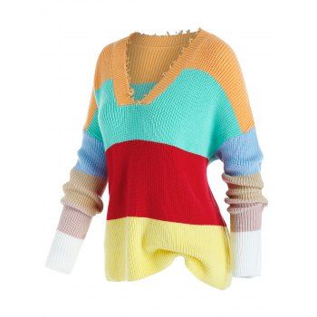 

Plus Size Colorblock Drop Shoulder Frayed Detail Sweater, Multicolor