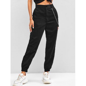 

Flap Detail Chain High Waisted Pants, Black