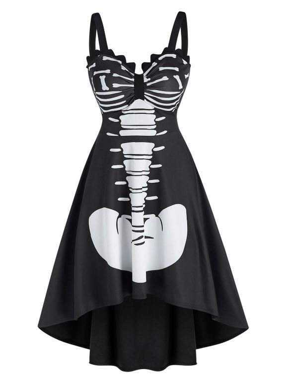 Robe d'Halloween Haute Basse à Imprimé Squelette sans Manches - Noir 2XL