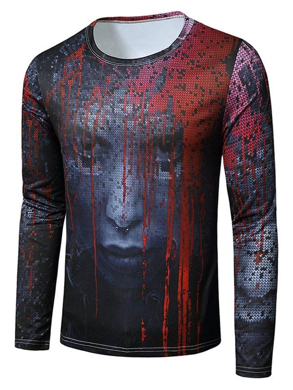 Halloween Scary Woman Digital Print Crew Neck Slim T Shirt - BLACK 2XL