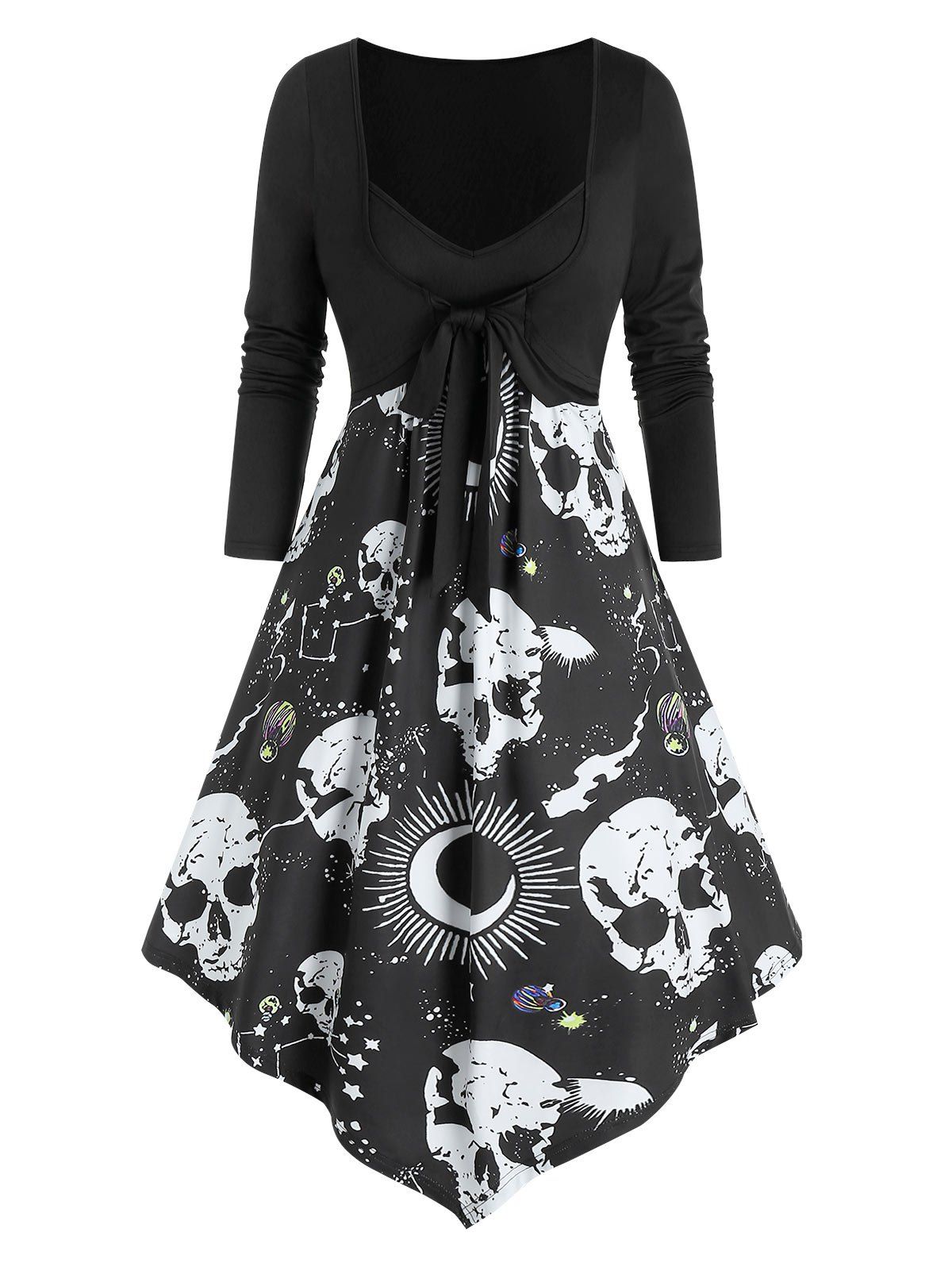 Skull Starry Print Faux Twinset Empire Waist Asymmetrical Dress - BLACK M
