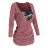 2 in 1 Rose Lace Panel Mock Button Surplice Gathered Heathered T Shirt - VALENTINE RED S