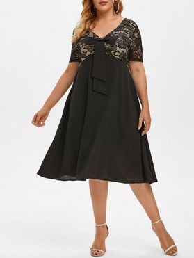 Plus Size Bowknot Lace Insert A Line Dress