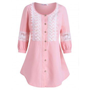 

Plus Size Button Up Lace Insert Top, Light pink