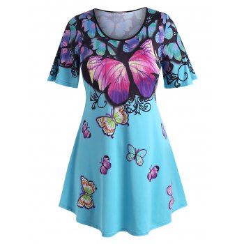 

Plus Size Butterfly Print Flutter Sleeve T Shirt, Blue