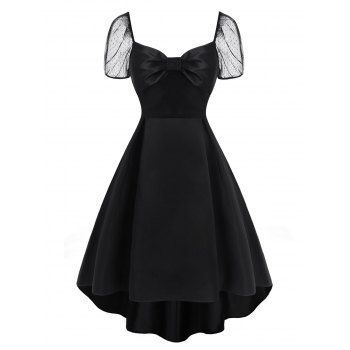 

Lace Puff Sleeve Bowknot High Low Dress, Black