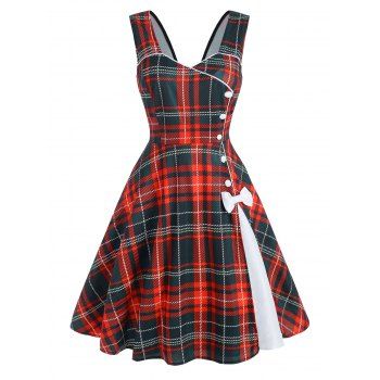 

Plaid Mock Button Bowknot Slit Dress, Red