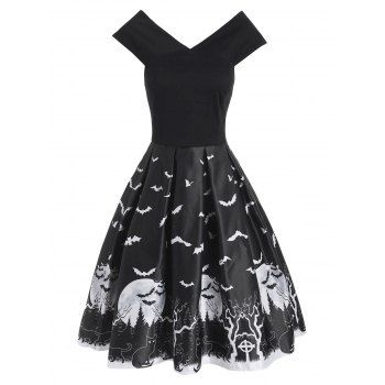 

Halloween Tree Bat Moon Cat Print V Neck Dress, Black