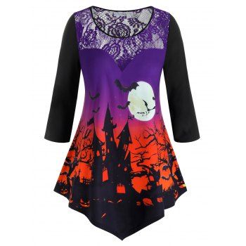 

Plus Size Lace Insert Halloween Printed Tee, Purple