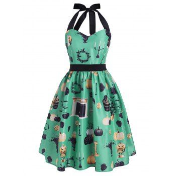 

Halloween Pumpkin Cat Flower Print Halter Dress, Light green