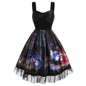 

Bowknot Flower Face Fireworks Print Lace Insert Dress, Black
