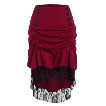 

High Low Sailor Button Ruched Lace Panel Skirt, Deep red