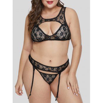 

Garter Belt Lace Cut Out Plus Size Lingerie Set, Black