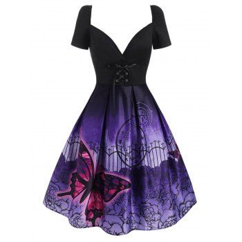 

Lace Up Butterfly Flower Print Plunging Dress, Purple