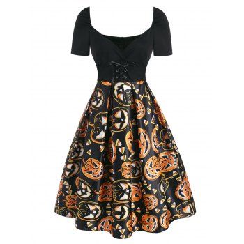 

Halloween Pumpkin Lace Up Plunging Dress, Orange