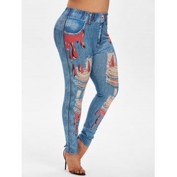 

Plus Size Blood 3D Jean Pattern High Rise Jeggings, Denim blue