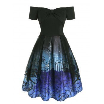 

Flower Butterfly Print Bowknot Lace Insert Dress, Black