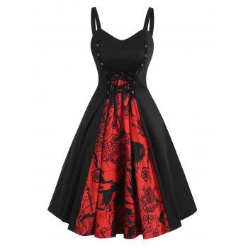 

Grommet Lace-up Skull A Line Dress, Black