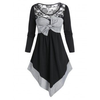 Image of Bowknot Two Tone Lace Insert Longline T Shirt