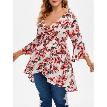 

Plus Size Floral Print High Low Surplice Blouse, White